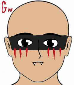 Clan Grimward warpaint is a black eyebar with three vertical red stripes below each eye
