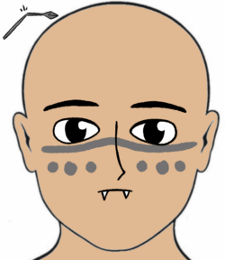 Shattered Spear warpaint is a gray horizontal line over the nose and across each cheek with three dots on each cheek below the line.