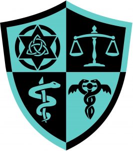 A teal and black shield shaped crest with four quadrants showing various symbols such as a scale, etc