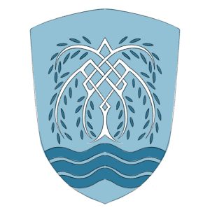 Heraldry set on a shield shape. A knotwork willow sits over a blue stream
